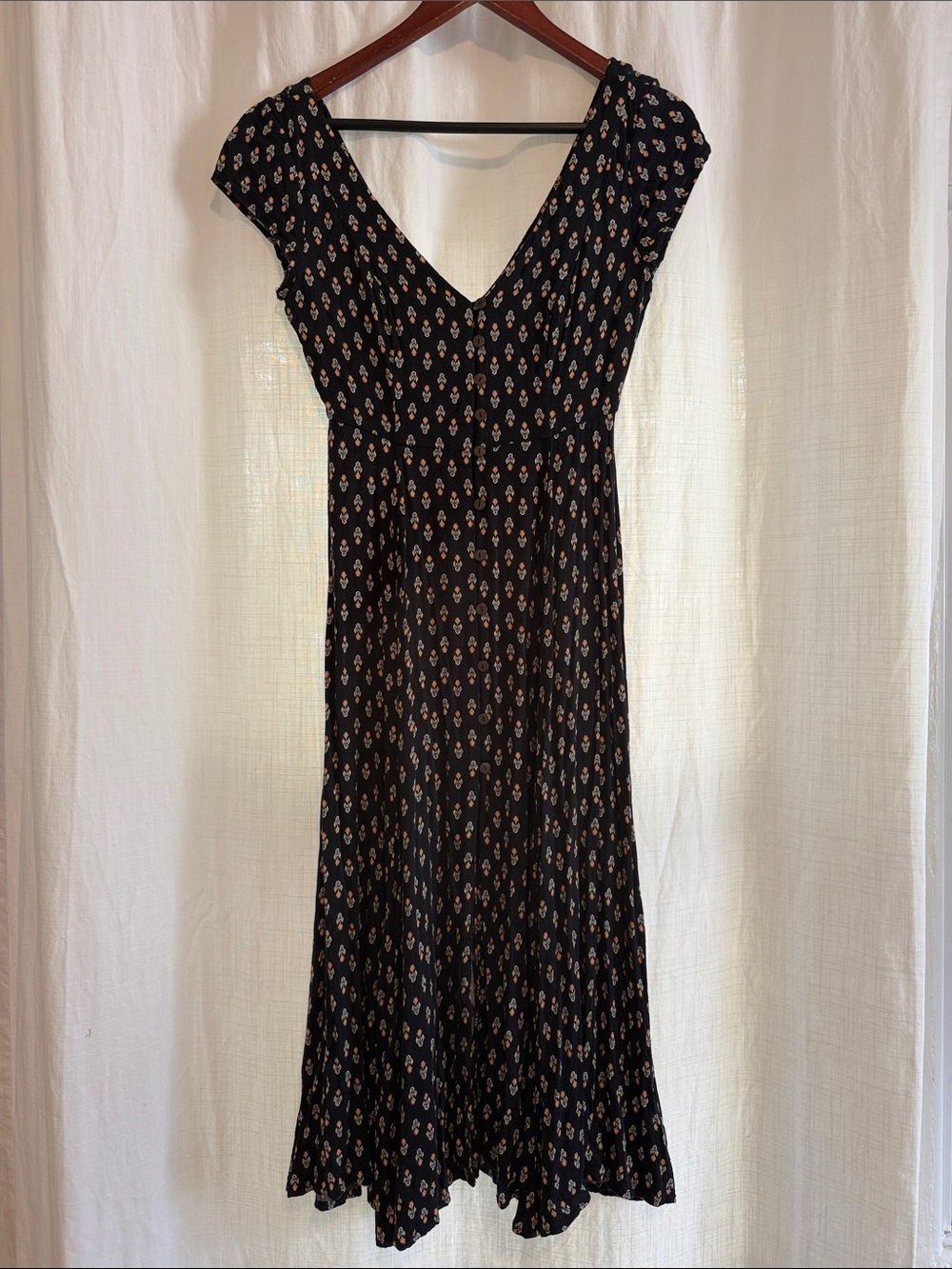 Urban Outfitters Black Floral V-Neck Midi with Cap Sleeves